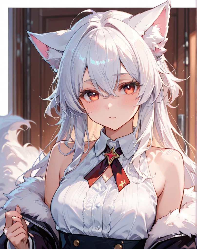 Blush, ((((White color blouse)))), white long boots, (on top of the bed), Kneeling, D-cups, White hair, ahoge, Heart-shaped pupils, blue color eyes, (((((cat ear))))), is shy,White gloves, torogao, Reflectors, Yandere, anime big breast, Chiaroscuro, Ray tracing, shadowing, hyper HD, Masterpiece, Accurate, Anatomically correct, Textured skin, Super detail, High details, High quality, Award-Awarded, Best quality, A high resolution, 16k,(There is love around you),((((Tempting))))