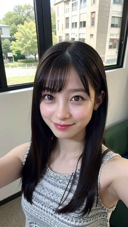 Your eyes are smiling、Black tops、student風の服、cardigan、((Selfie style in my room)),((student))、((Very young))、((very cute))、((So adorable))、),highest quality, masterpiece, Ultra-high resolution, (Realistic:1.4), RAW Photos, Very detailed, Perfect Anatomy, 1 girl, 18-year-old, Famous idols of Japan, Front view, Crotch close-up,, ((Accentuate your breasts))