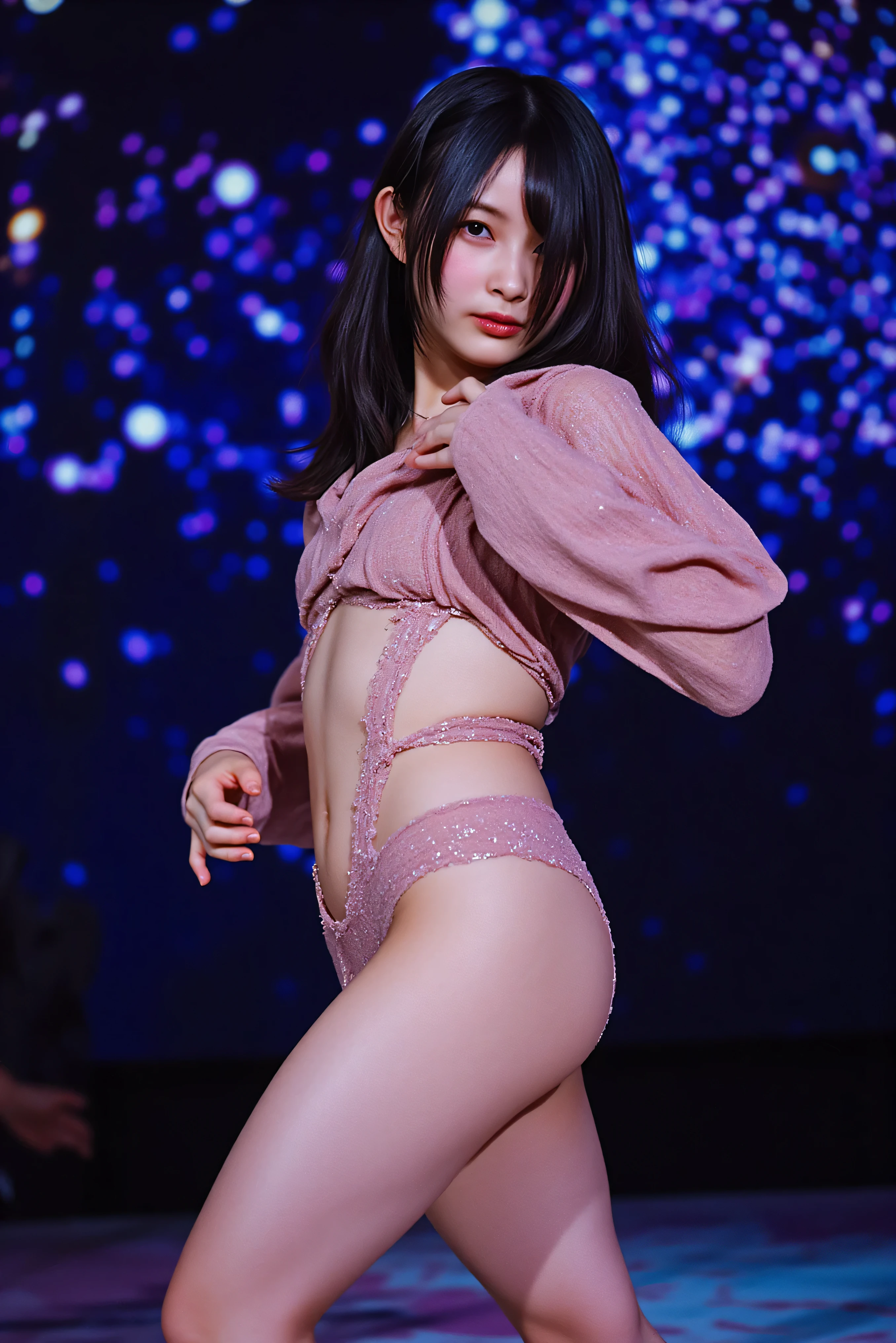 Highest quality, Very detailed, High resolution, 8k images), ((Purple T-back)),((Purple bra)),((Show me your)), ((Stick your butt out)),(Squat with legs apart), Fine and beautiful eyes,Perfect Proportions,(Overflowing big),(whole bodyが映る後ろからのアングル), Very beautiful and cute girl,22 years old,(anime),Kamimei, Pitch black background,alone,Symmetric,whole body,Dynamic configuration,