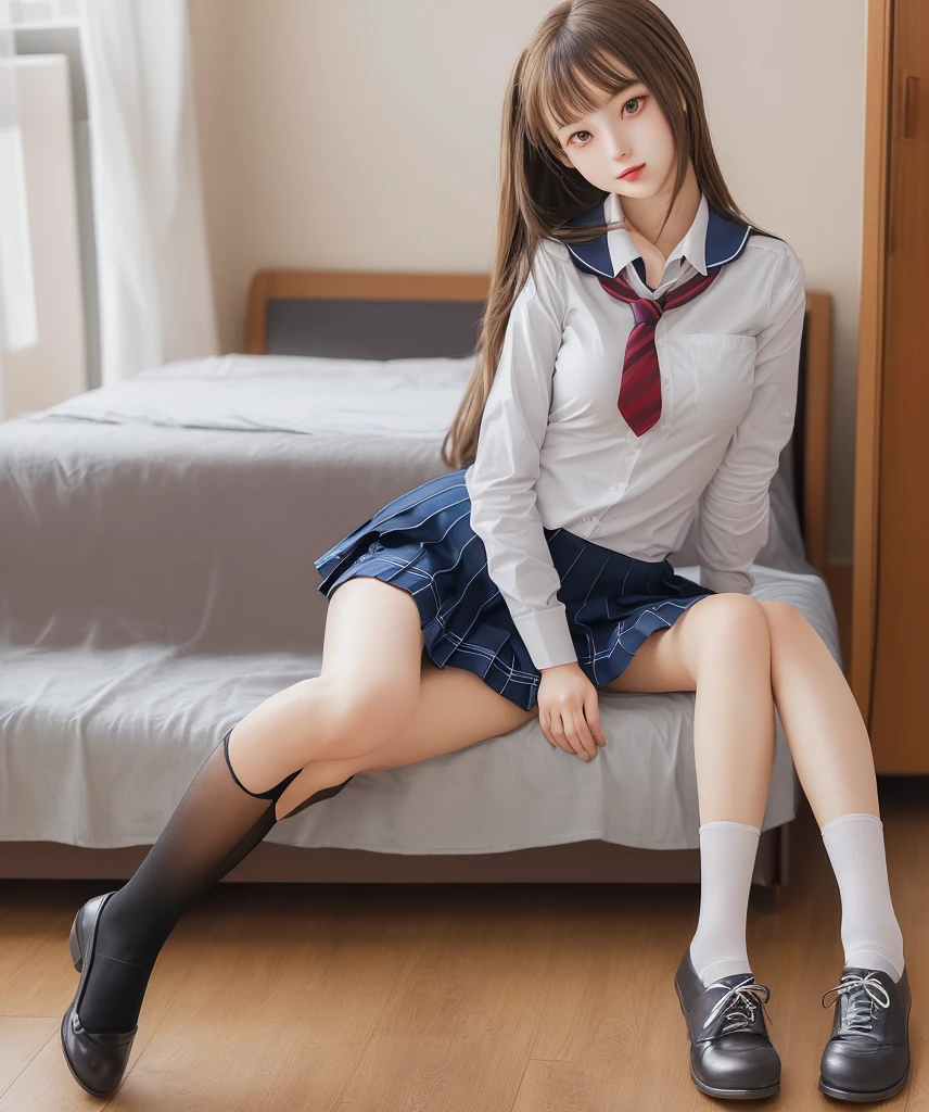 Real person, best quality, masterpiece, super high resolution, realistic, realistic, , lying in bed, school uniform, spread legs, white stockings
