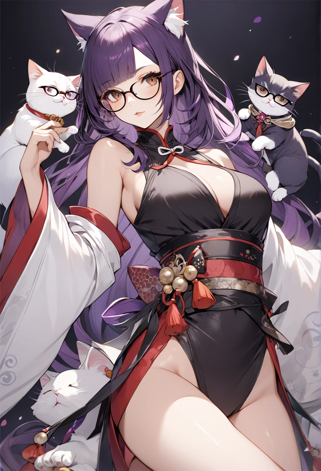 masterpiece、highest quality、1girl , solo , huge breasts、deep cleavage、light purple hair、ponytail、fox ears、brightly colored eyes、blue eyes、black glasses、green japanese kimono、red hakama、flashy necklace、charm、Wet、face turns red, very sweaty, dynamic pose、standing、ryokan background