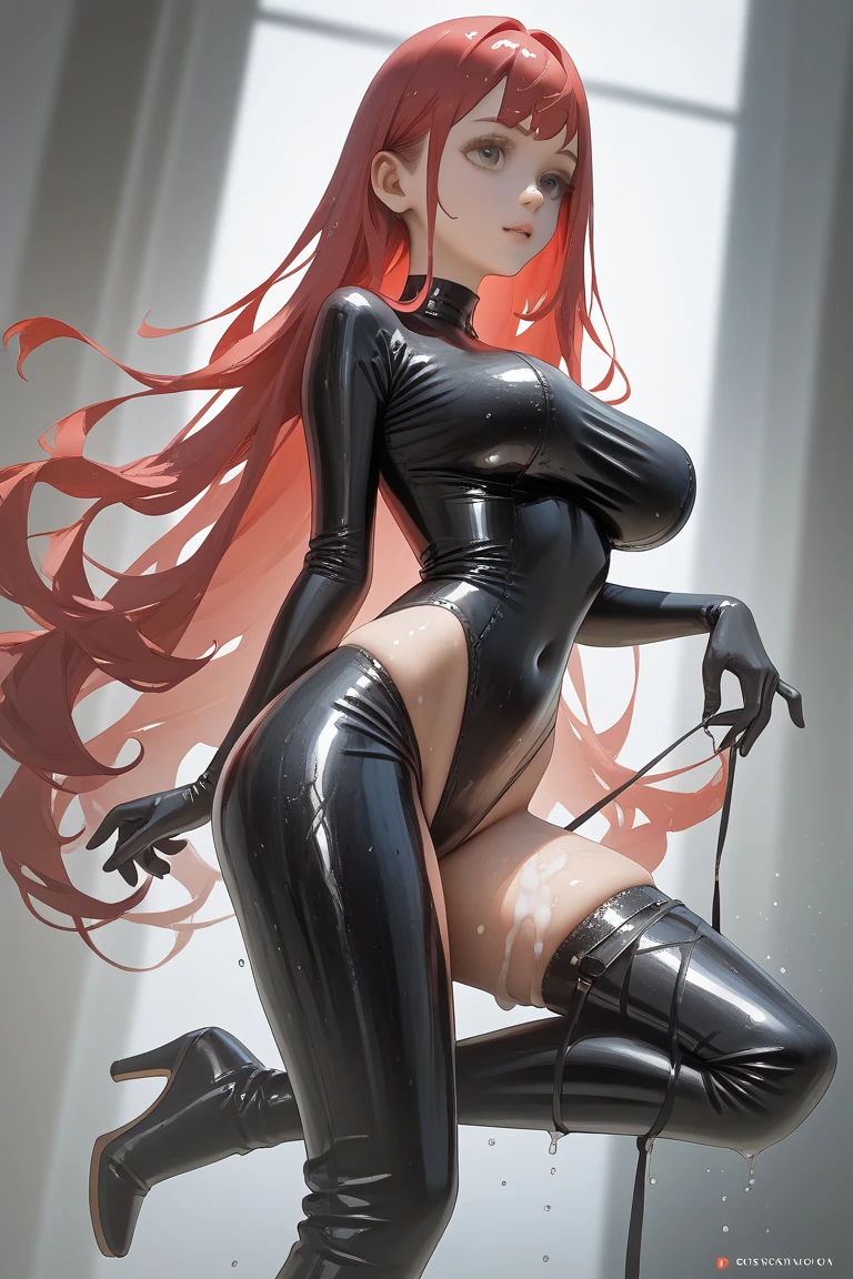 1 girl, solo, ((best quality)), ((masterpiece)), (detailed), perfect face, Ridiculous resolution, high resolution, (masterpiece:1.4), Hyper-detailing, a young woman. she is 20 years old. long, red, wavy, volumous hair. red, luscious lips, pronounced cupids bow, high cheekbones. Extremely curvy, wide hips, big bum, big full breasts bursting from catsuit, small waist (Ultra detailed large grey eyes)). She is wearing full dominatrix leather catsuit, kneehigh boots with very high heel and holding a long whip with tassles that is flowing. full body shot. she crawling on all fours towards you