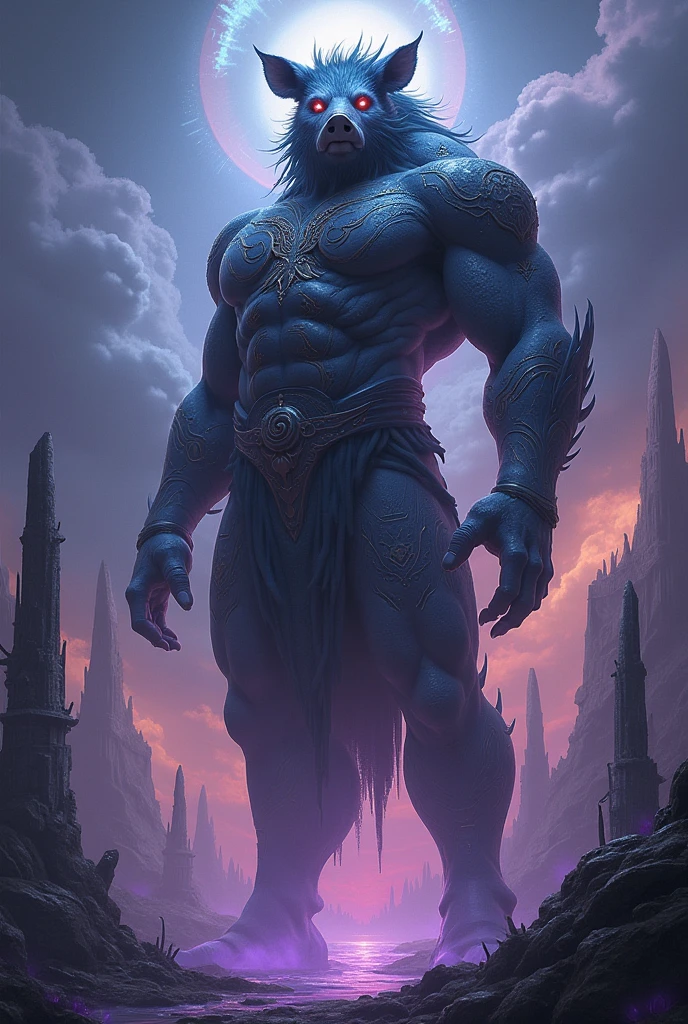 stone man,Humanoid,huge,Burly and strong,The Grand Canyon glows purple(Detailed background:1.2),High Detail, Blackstone,Ghostly sky。