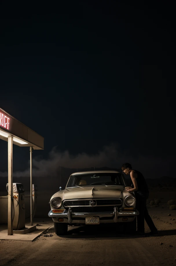 A handsome man with a hat and a black cowboy outfit riding in a car with a cute handsome young man without a shirt at night