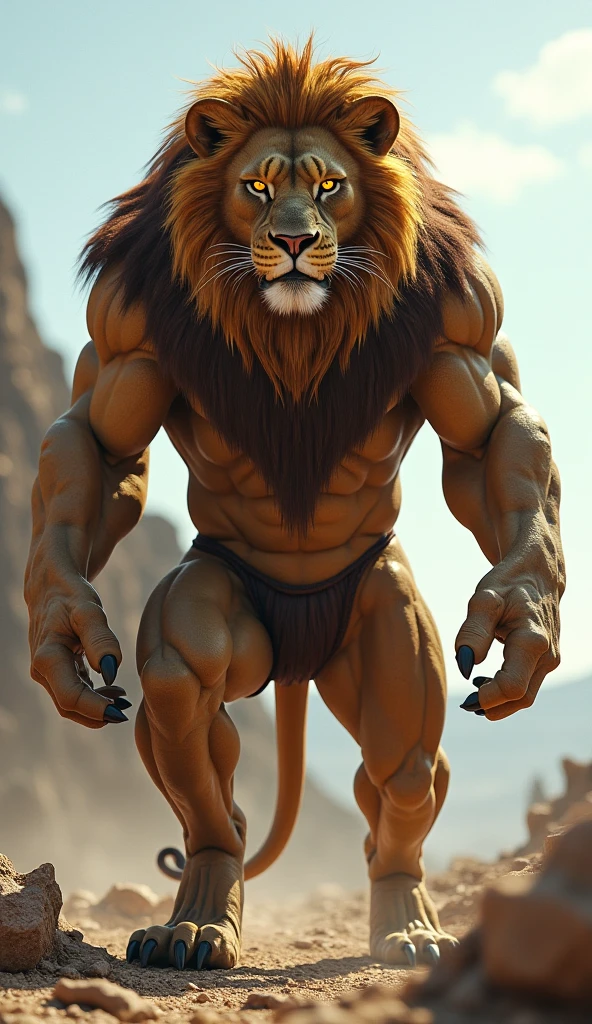make me 3d cartoon lion that stands on 2 legs like a muscular human