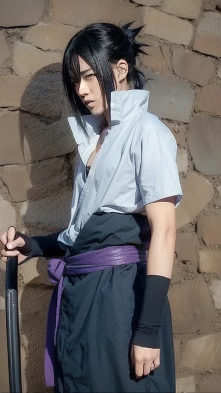 1male, uchiha sasuke in anime naruto, short hair , black hair, red eyes, handsome, grey clothes, realistic clothes, detail clothes, outdoor background, ultra detail, realistic