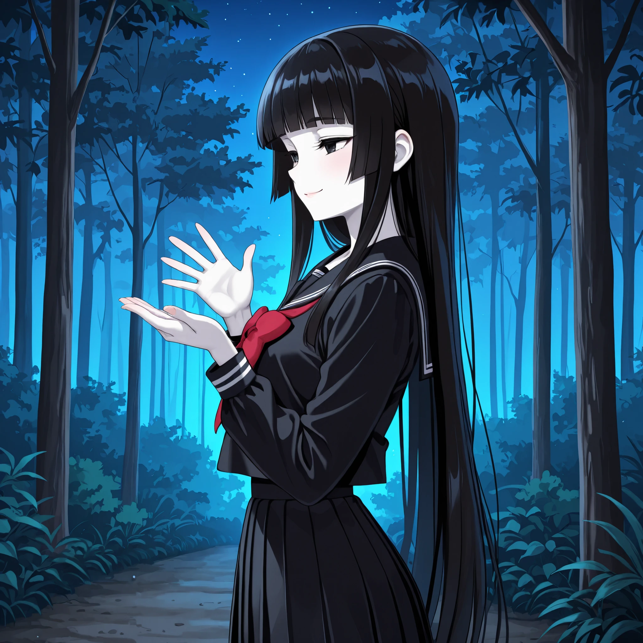 1 girl, beautiful girl,adult,18 years old,black eyes,narrow eyes,black hair, very long hair,blunt bangs,skinny,masterpiece,general,highres, ultra-detailed,very aesthetic,best quality ,best hands,5_fingers,best eyes,perfect anatomy,anime coloring,easynegative,black long-sleeved sailor uniform with red nektieribbon,black sailor suit, long sleeves,black pleated skirt, black tights, anime style,white skin,whole body,night,summer,forest,from side,side view,smile,