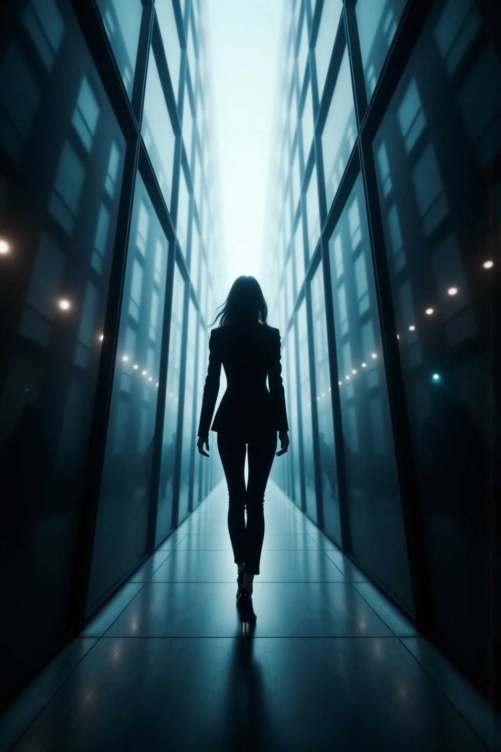 Extremely low angle,Woman walking briskly through glass buildings,full body shotExtremely low angle, Woman in a black suit walking vigorously between glass buildings, full body shot, high quality 4K resolution, realistic and detailed description, studio lighting, Professional photography techniques, Vibrant color, soft bokeh effect
