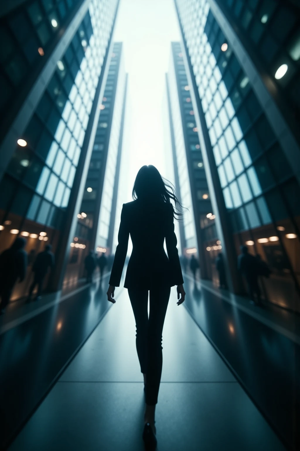 Extremely low angle,Woman walking briskly through glass buildings,full body shotExtremely low angle, Woman in a black suit walking vigorously between glass buildings, full body shot, high quality 4K resolution, realistic and detailed description, studio lighting, Professional photography techniques, Vibrant color, soft bokeh effect