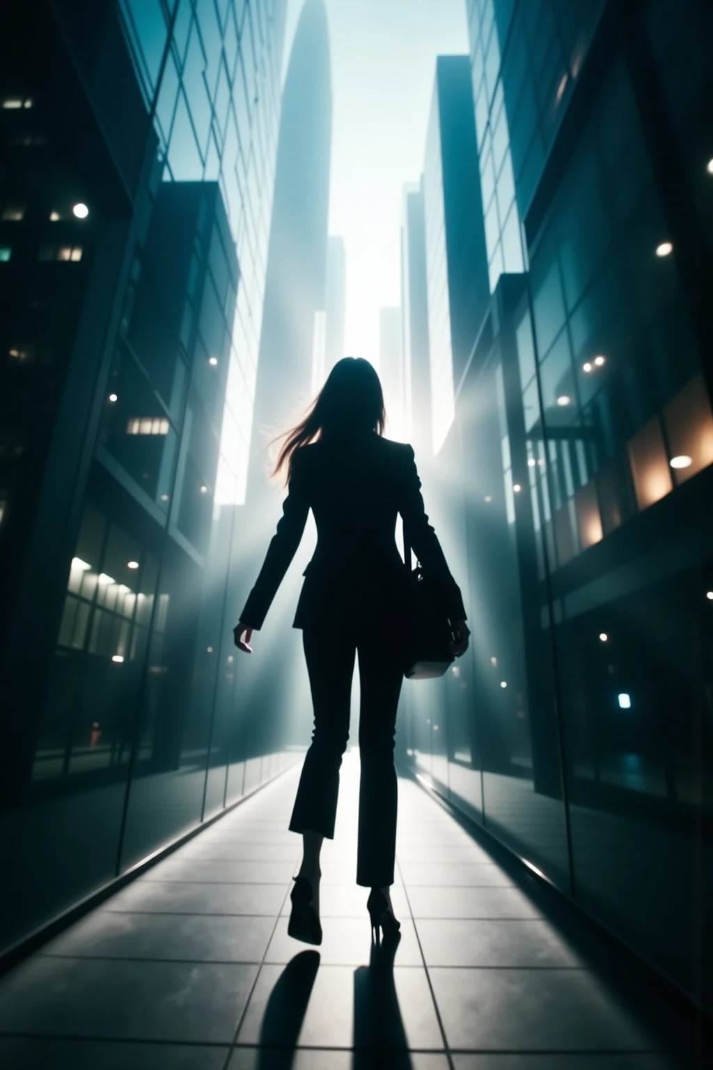 Extremely low angle,Woman walking briskly through glass buildings,full body shotExtremely low angle, Woman in a black suit walking vigorously between glass buildings, full body shot, high quality 4K resolution, realistic and detailed description, studio lighting, Professional photography techniques, Vibrant color, soft bokeh effect