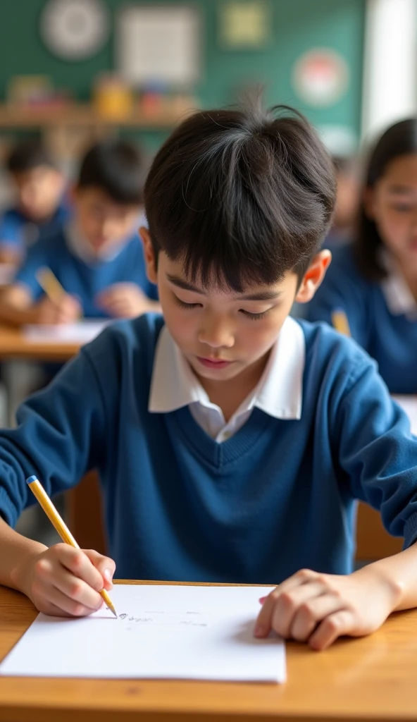 Developing cultural and intellectual skills, education according to the curricula prescribed for students ,  receiving information in the classroom, a close-up picture of a  student wearing a uniform  sitting on a school desk, performing school assignments