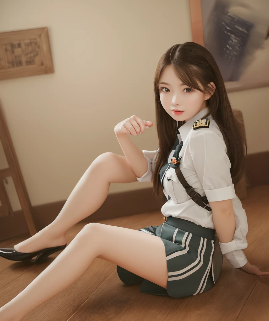 Masterpiece,Best quality,offcial art,Ultra-detailed CG unified 8K wallpaper, (hdr:1.4), (Cinematic), (Pastel colors, dim colors, soothing tones:1.3), Professional lighting, Radio City,((1girll)),Indoors, Cityscape, Sunlight, Best quality, Lots of details, Masterpiece, Ultra-detailed, illustration, Realistic, An extremely delicate and beautiful girl, Beautiful detailed eyes,8K wallpaper,Beautiful detailed girl, looking at viewert, Messy hair, Large breasts, look from down，Long legs,  ((Translucent uniform unbuttoning)), ((Focus is on the base of the thigh)), ((High-waisted miniskirt)), ((Lower chest)), opening legs, ((One leg is raised high))，seduce， Show feet，((Beautiful feet))，（(The genitals loom))，camel-toe ，
