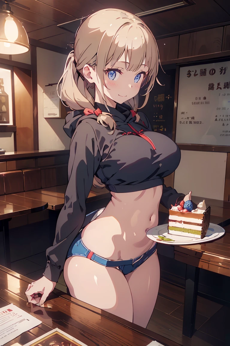 (looking down on the audience:1.3),(from side:0.9), ((Face)), (Close-Up:0.4), ((looking at viewer, holding a cake)),highest quality、(real、photorealistic:1.4),(ultra high resolution, 8K RAW photo, clear focus), best qualtiy, natural lighting, field depth, (Bright pupils, detailed beautiful eyes, high detailed face), Red lip, (tight focus:1.2, from below), sexy posing, 1female, teacher, wearing a dark brown hoodie, bootyshorts, Thicc, big breast, silver hair, long hair, blue eyes, pretty girl, (highly detailed beautiful face and eyes,firm breasts),oily skin,((black,hair,long pony tail hair)),thin pubic hair,cute,lovely,24 years old,(alchemist costume:0.8), detailed eyes, the background is a pizzaria, smiling,(with sparkling eyes and a contagious smile), looking at viewer,