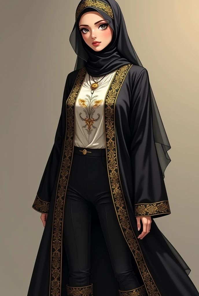 A stunning anime woman in her 40s with  and hot and  body with thick thighs is dressed in a long black traditional abaya adorned with intricate golden embroidery. Underneath, she wears a printed white T-shirt paired with sleek black latex pants. Her head is fully covered with an Iraqi-style hijab, adding a touch of cultural elegance. She completes her bold look with golden bangles, a matching necklace, and eye-catching printed heeled knee-high boots. Her gaze is locked on the camera, radiating intensity and confidence.