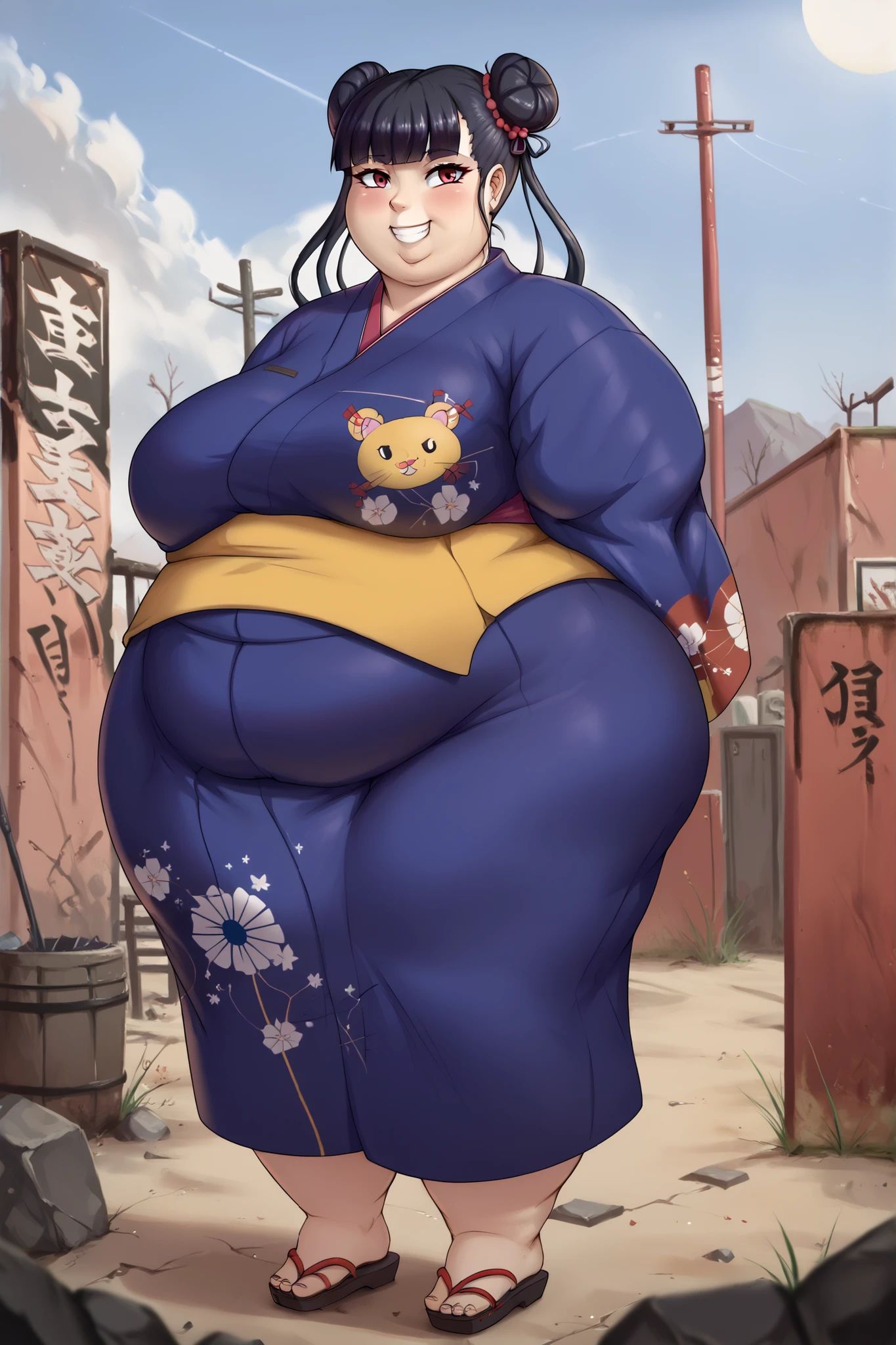 score_9, score_8_up, score_7_up, score_6_up, score_5_up, score_4_up, BREAK, source_anime,
1girl, black hair, blunt bangs, double bun, long hair, red eyes, twin tails, breasts
kimono, sandals, SSBBW, fat, 500 lbs.,
hands behind back, smile, full body, looking at viewer, solo, outdoors, wasteland