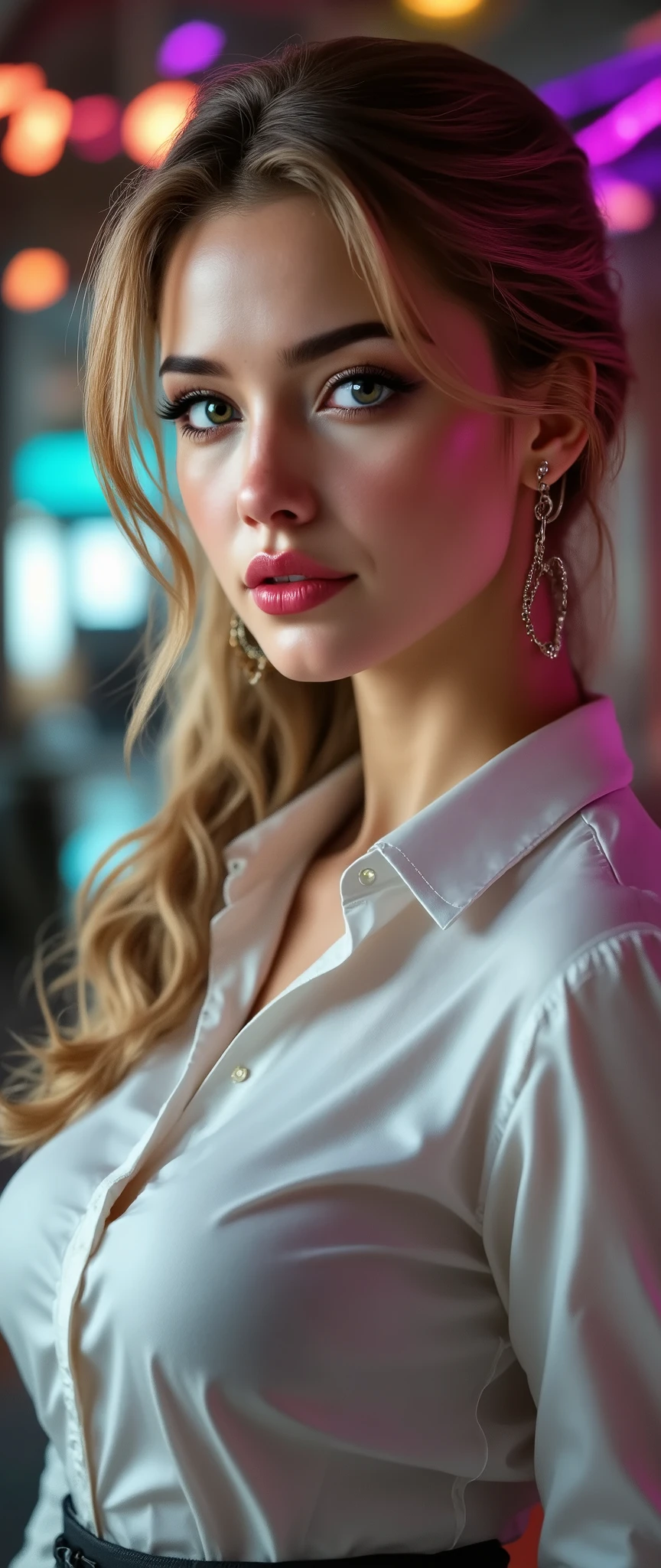  [Style: "masterpiece, realistic, (photorealistic Realism), ultra-detailed, Hyper high resolution" - "(Hyper quality, intricate ultra-detailed digital art)"](Key Directive: - ("The priority is the anatomical accuracy and texture of the materials" - "Ultra-sharp human eyes with biological accuracy") "Eyes:{(acid-resistant terminology)(macro-details:1.3): Moist corneal surface(visible aqueous layer:1.2)Hyper-detailed iris stroma ((brown:1.3) with gold flecks) Precise limbal ring (slightly neons pigmentation:1.25)Pupil micro-texture (irregular edge authenticity:0.9) * Vasculature in sclera(subtle red veins radiating from limbus)" - "Lashes: pink individual synthetic fibers (crosshatched roots,clump-free separation)" | Pose: "((full body combat-ready stance)) (plausible spinal twist)"Technical Specs:(Optics: - "Zeiss Otus85mm f/1.4 lens(eye refraction calculations:0.66)" - "Shutter Speed:1/500(freeze eye micro-movements)" - "Focus Stacking:7-point coverage on iris plane") (Post-Processing: - "Frequency separation for skin vs eye details" - "Selective sharpening: eyes180%,hair120%" - "Denoise: luminance20,color35(retain corneal speculars)")(Avoid: "pupil distortion, uncanny valley asymmetry, plastic-like wetness") a fairy tale-like picture , beautiful woman, full body photo, A well-drawn fairy tale, beautiful bizneswoman, , a fairytale-like picture , Detailed description, A well-drawn fairy tale, Vivid expression , Detailed facial features, Luxurious office Outfit, colorful, graceful posture, (slim-muscle body),((firm and full big breasts:1.4)) ["(slim belly, narrow waist, pertect ass, perfect thighs)"] Fantastic Backgrounds, magical atmosphere, Sophisticated contrast treatment, Detailed texture expression, Precision drawn with expert craftsmanship, Vibrant colors, Detailed texture expression,(Rendering engine: "Unreal Engine 5 path tracing, 16K texture maps") Anisotropic Filtering,Maximum Sharpness and Sharpness,Albedo and Specular maps,Surface Shading }