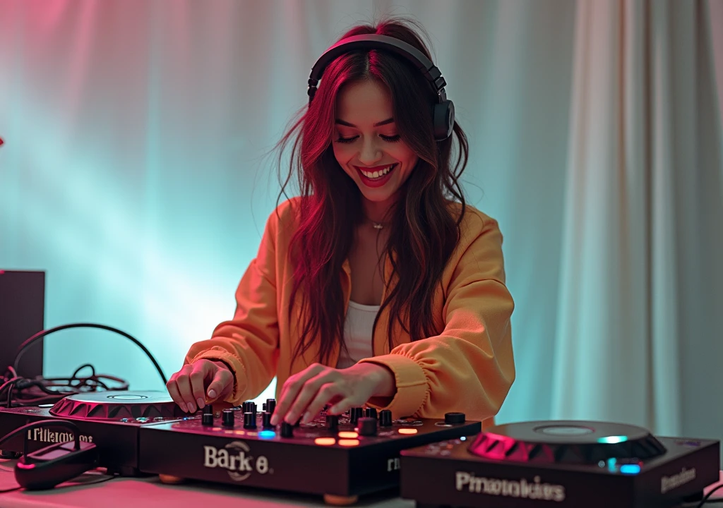 parte superior do corpo, dj feminino, roupas coloridas, peculiar, vibrant appearance, Playful accessories, comportamento criativo, imaginativo, sensual, spontaneous, fones de ouvido para DJ, console de mixagem, fumar vape da marca elfbar, dense vape smoke, releasing a lot of smoke through the mouth,  alta qualidade, textura da pele, detalhes intrincados, (cinematic lighthing), Foto RAW, 8k
