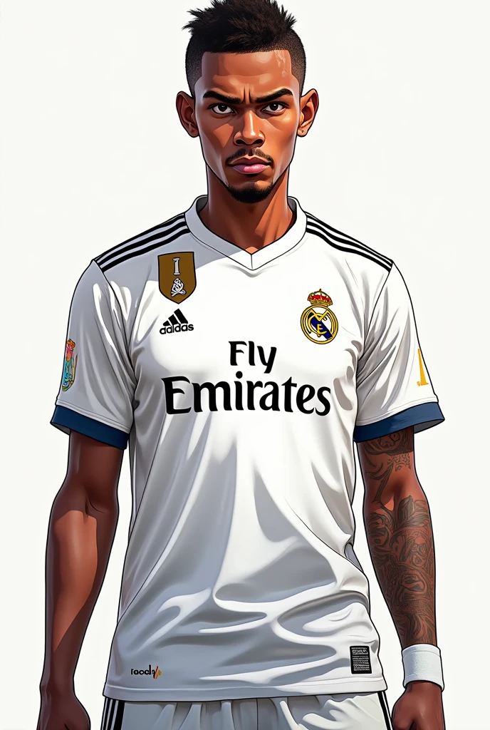 black man, straight hair with a Real Madrid shirt
