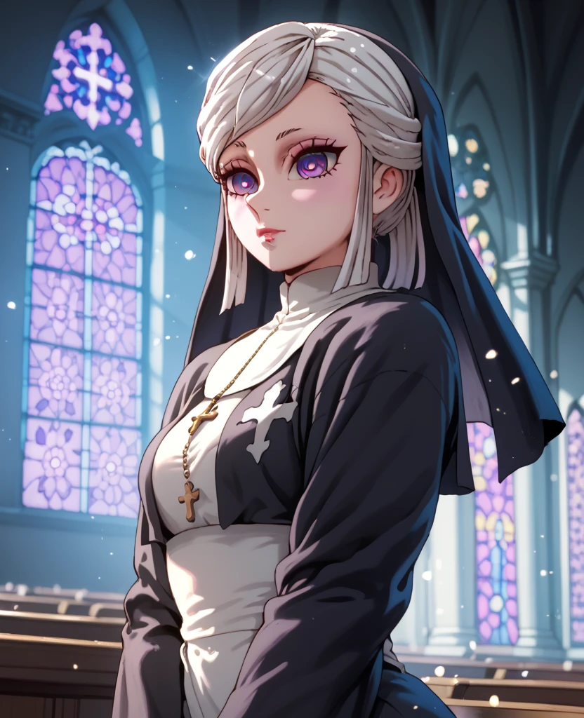 Masterpiece, best quality, motherly, excited expression, portrait, nun, pale skin, hand in front of  mouth, happy expression, wide-eyed, pink full lips, nun habit, freckles, lavender hair, church setting,