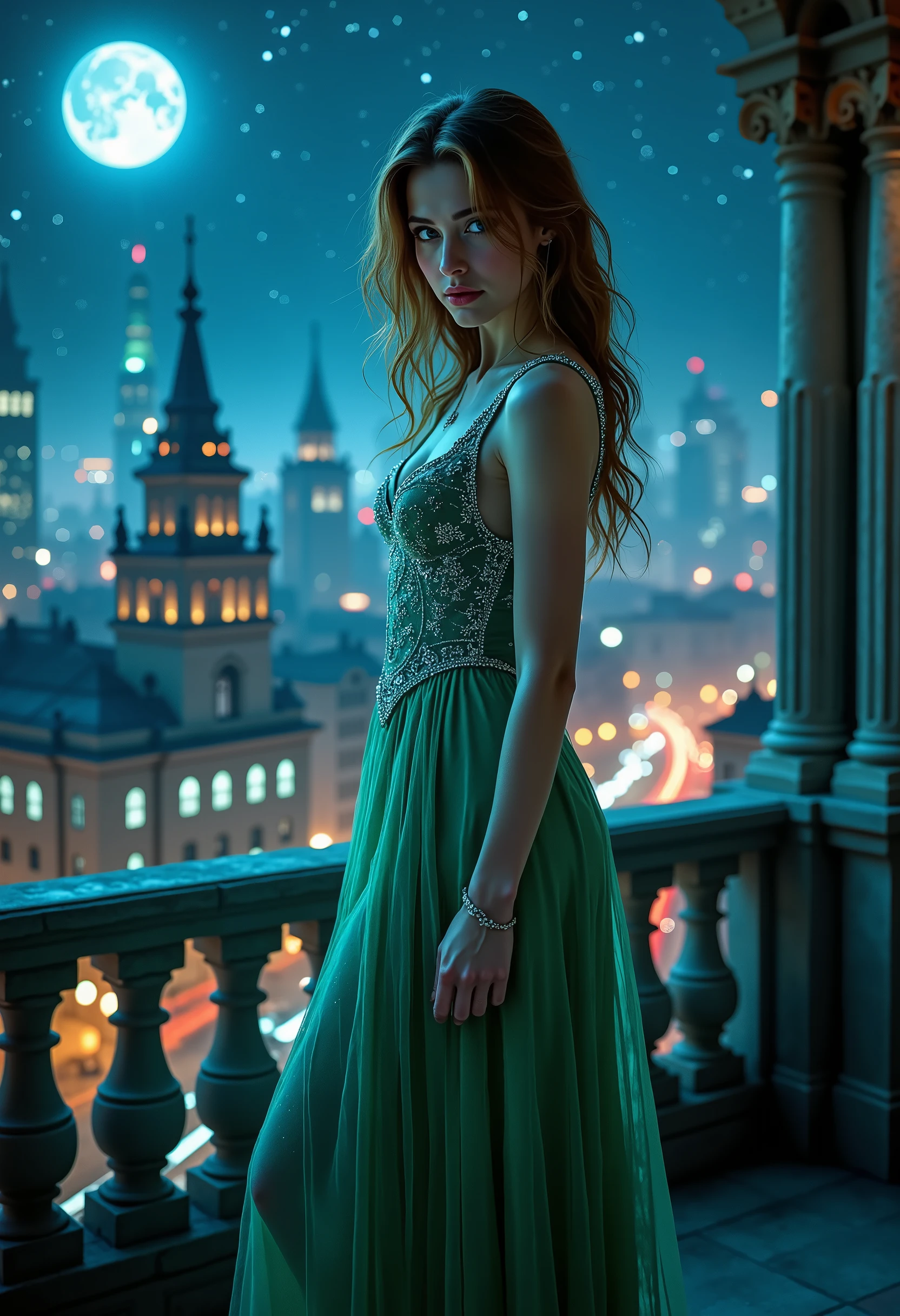8k resolution image. A breathtakingly beautiful young woman of Slavic descent, approximately 20 years old, with cascading, auburn curls, stands gracefully on a stone balcony. She's elegantly dressed in a flowing, emerald green silk gown, adorned with delicate silver embroidery, the fabric shimmering under the moonlight. Her pose is relaxed yet regal; one hand gently rests on the ornate stone balustrade, her body slightly turned, gazing pensively at the vibrant cityscape below. Her expression is a blend of wistful contemplation and quiet confidence, her large, expressive emerald eyes reflecting the city lights. The balcony, crafted from aged, textured stone, offers a commanding view of a bustling metropolis at night. The city is awash in a spectrum of warm and cool hues – the golden glow of streetlights contrasting sharply against the deep indigo of the night sky, punctuated by countless twinkling stars and a luminous, full moon. The atmosphere is romantic and melancholic, imbued with a sense of mystery and quiet grandeur. The style evokes Art Nouveau elegance combined with the luminous realism of the Symbolist movement. A subtle, atmospheric perspective enhances the depth of field. The scene is bathed in soft, chiaroscuro lighting, highlighting the delicate textures of the gown and the woman's features, creating a dramatic contrast between light and shadow. The background features a detailed cityscape, its architectural styles representing various historical periods, creating a visual tapestry of urban life. The overall mood is serene, introspective, yet imbued with a powerful sense of longing and hope.