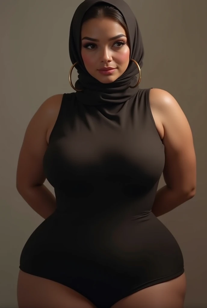 there is a woman sitting down with a longest brown hair, bbwchan, thicc, brown hijab outfit, brown hairstyle model, korean girl, korean woman, wearing brown robe, full length shot, alluring plus sized model, japanese goddess, clothed in hooded, voluptuous and arousing, portrait shot, curvy model, voluptuous body, wonderful, nene tanaka body , bbwchan, The overall atmosphere is smooth , haunting illustrations, extremely high-resolution details, photographic, realism pushed to extreme, fine texture, 4k, ultra-detailed, high quality, high contrast, red sneakers , cold atmosphere ,, cold atmosphere