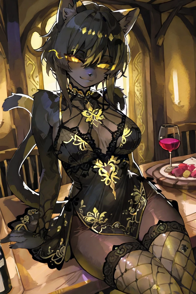 ((Furry;anthro bat)), female, sexy, small breasts, knight armor, gothic dining space, large bat wings, well-toned abs