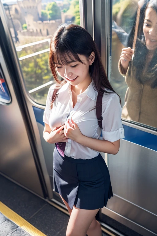 (In 8K、RAW shooting、highest quality、Masseter muscle part:1.2)、Super detailed、super resolution、(realistic、realistic pictures:1.37)、portrait、High-definition RAW color photo、professional photography、hvery detailed and beautiful、very detailed、8k wallpaper、amazing details、huge file size、official art、Hvery detailed CG Unity 8K wallpapers、hvery detailed beautiful girl、very detailed顔、very detailed目、very detailed肌、とてもthin指、hvery detailed nose、very detailed詳細な口、perfect anatomy、detailed background、detailed clothing、1people々々々々々々々々々々々々々、(20:1.2)、20's、cute、realistic body、、white skin、glowing skin、because I'thin、messy short brown hair、(messy bangs: 1.5)、Nogizaka beautiful girl、cute顔、lifelike face、delicate eyes、ordering sauce、((See-through white button-down shirt))、((mini pleated skirt))、((barefoot))、((full body shot))、earrings、necklace、((turn around and look at the guy))、cowboy shot、contrapo、dynamic lighting、((B Cup Milk、淡いピンク色の乳head))、((in a crowded train))、((男性のpeople々々々々々々々々々々々々々1people々々々々々々々々々々々々々))、((30:1.5))、((man hugs her from behind))、((man opens his shirt、expose her breasts))、((put one'put your arm around a man'head))、((A man is grabbing her chest))、((standing athletic pose))、((Milk is visible))、(mini skirt swing sexy round: 1.3)、(white swoop open shirt:1.3)、((She looks shy and pays attention to her surroundings.:1.3))、((she turns around and kisses the man))、((male perspective))、