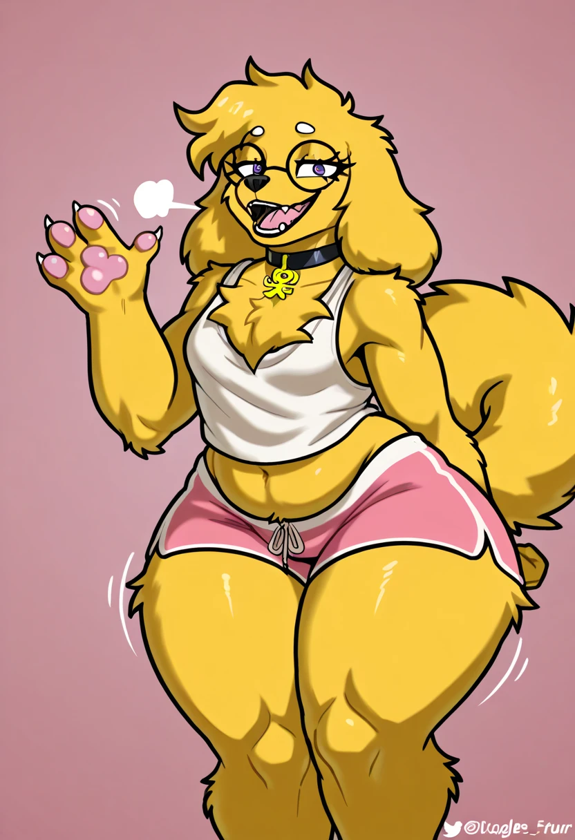 Girly boy, solo anthro, fluffy, brown fur, furry dog, slightly chubby, cute face, sissy, gay, small penis, small breasts, thick thighs, high heels, red nails, red lipstick, pink panties, hard nipples, lactating, long hair, blonde hair