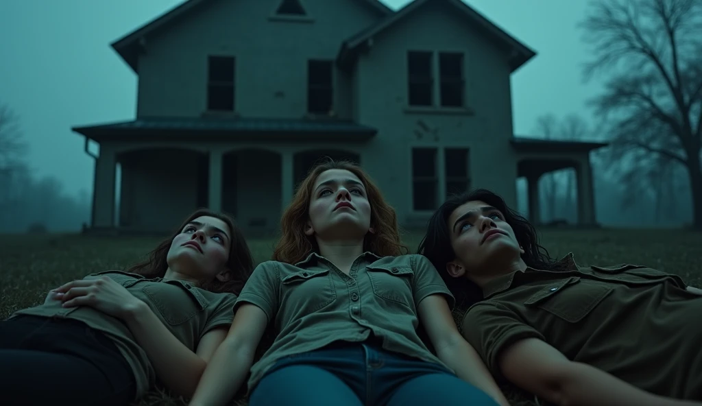 Dark image of a 10 year old blonde WITH A GREEN NECKLACE, A blonde with freckles and WITH A BLUE NECKLACE AND a 22 year old woman, short dark hair, very beautiful wearing a purple ring. Everyone is facing an old abandoned house, and their expressions are of fear