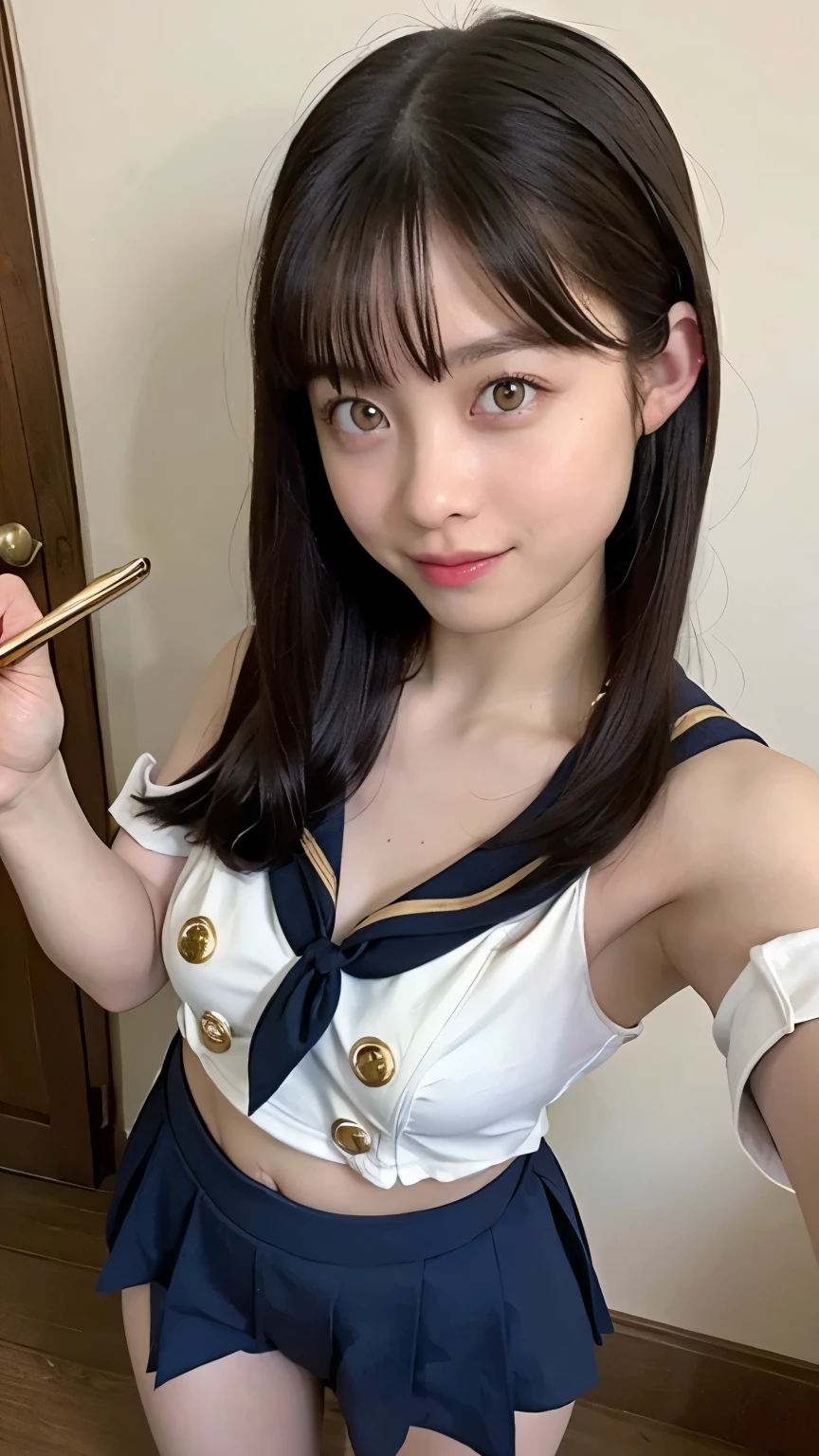 high image quality、selfie、Angle of View from Above、sailor suit、belly button out、 Gold、island style cosplay