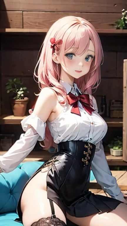 (((((???))))),、1 girl、Zu Chest Gloves Single Thigh High Blue Eyes Pink Hair Sitting Dress Big Smile Ponytail White Gloves Long Hair White Dress White Thigh Height, Bangs, thighs thighs thighs thighs, long boots, pleated dress, White shoes, elbow groves, closure, cup, thighband, Thigh boots, Framed legs, Skirt, wine glasses, Benches, Indoors, (Dynamic Pose, Very detailed and beautiful girl, intricate-detail, Beautiful detailed girl, Game CG, Highly detailed body, delicate and intricate hair, realistic and detailed face, Highly detailed eyes and face, Intricate details are beautiful and delicate eyes, Delicate arm and hands, Human Hands, Real skin texture, Exquisite fabric, plein air, Indoor , beautiful and clear background, absurdity, High-precision details, Highly detailed CG Unity 8K, Ultra-detailed)