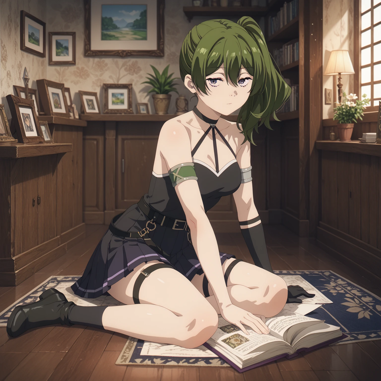 1girl, ((full body)), ((from above)), sitting on wooden chairs, high resolution, high detail, milf, mature female, cowboy shot, looking at viewer, blurry background, indoor, library, books, wavy hair, white necklace, earrings, small breasts, ((crossed legs)), cleavage, ((crossed arms under breasts))