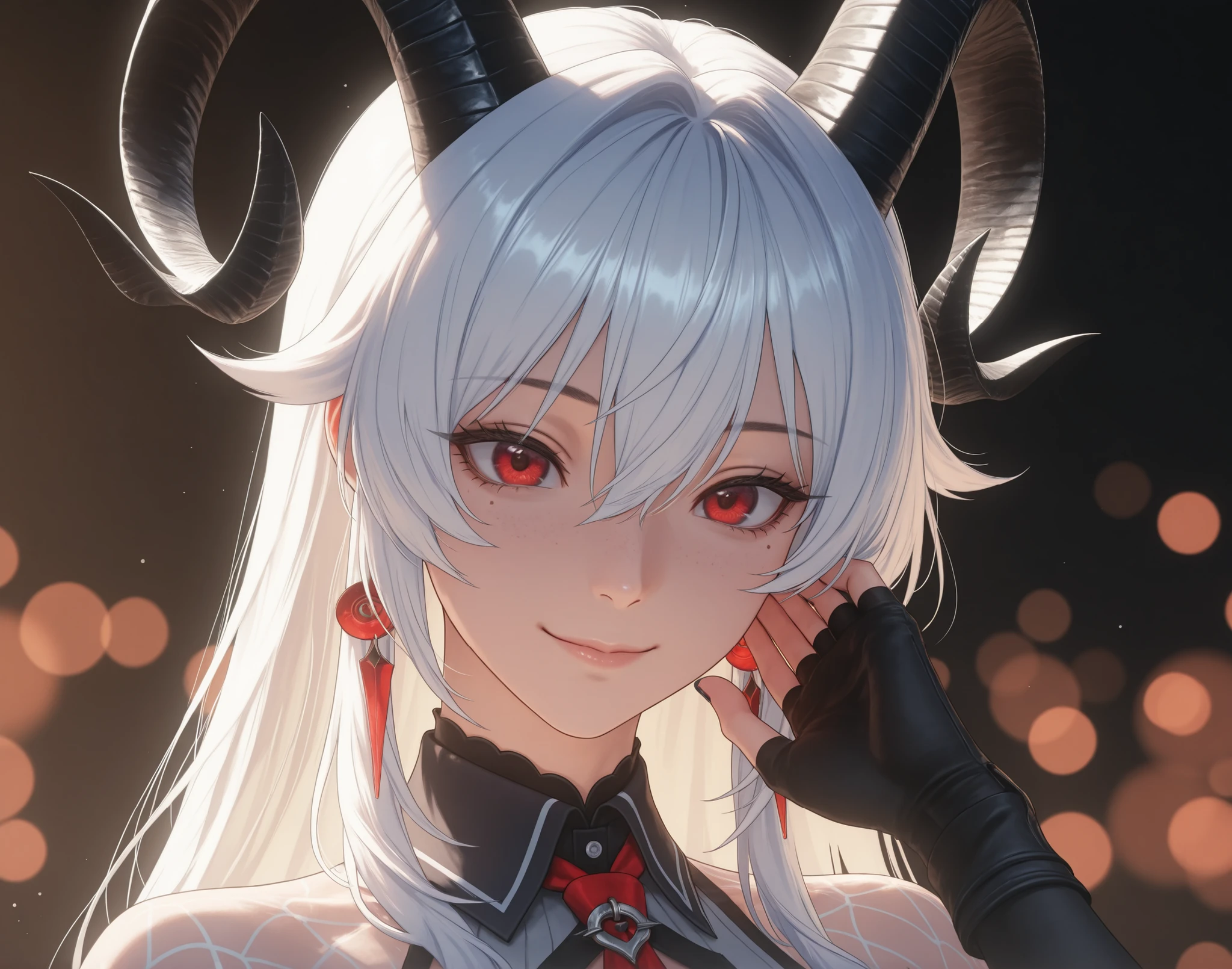 Extreme close‑up portrait of Zani from Wuthering Waves — young woman with slightly messy, layered snow‑white hair that frames her face and falls in soft, wispy strands; two smooth, black, back‑curving horns emerge from her crown, catching subtle rim‑light. Her gaze is intense: large, crimson‑red irises with intricate radial patterns, moist gloss on the lower lid, faint eyelashes casting micro‑shadows on porcelain skin. Light freckles across the nose bridge, small beauty mark under left eye. Expression: calm authority with a hint of restrained power, lips closed in a confident half‑smile showing the edge of a sharp canine.
She wears a crisp white collared shirt visible at the lower frame, the knot of a vivid scarlet tie centered beneath her chin; collar tips cast tiny shadows. Fabric texture shows ultra‑fine cotton weave and faint wrinkle lines. Delicate black fingerless glove touches her cheek, revealing polished onyx nail.
Background softly blurred, deep charcoal gradient with faint warm bokeh, making facial details pop. Single key light from upper left creates gentle chiaroscuro; subtle rim light from right silhouettes hair strands and horns with cool bluish highlights. Skin shows sub‑surface scattering, tiny peach‑fuzz, and realistic pores; hair rendered strand‑by‑strand with varying thickness and specular sheen.
Style: hyper‑realistic anime illustration, 8K resolution, razor‑sharp focus, physically‑based rendering, volumetric lighting, cinematic depth of field, masterpiece level detail.