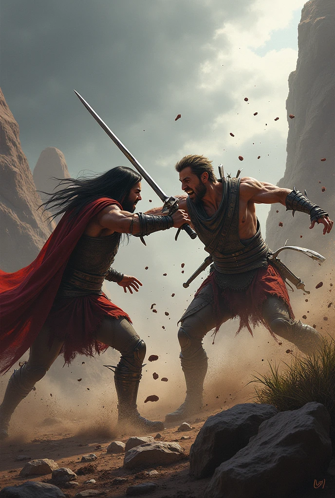Give me a panel of Mage with a sword Vs strength only fist was facing off before the fight and the next panel the strength man was using a final blow punch to mage user to end the fight and the mage user was died cause strength man was stabbing his fist on mage user chest and the strength man was screaming for a victory