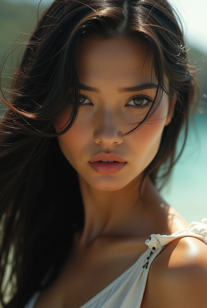 Madina Uzbek girl Photorealistic, ultra-detailed, Beautiful woman, portrait photo, Solo, bright scene, bright morning, The essence of real life, black colour hair, twenty years old, cheerful , show medium cleavage, flashlights, Crystal clear sky, analogue style, film grain, Best shadow, primitive, Instagram LUT. portrait sophie mudd, thick neck, 19 year old female model, 22 years old, 21 years old, profile image, brown eyes, realistic, post-processing, maximum detail,