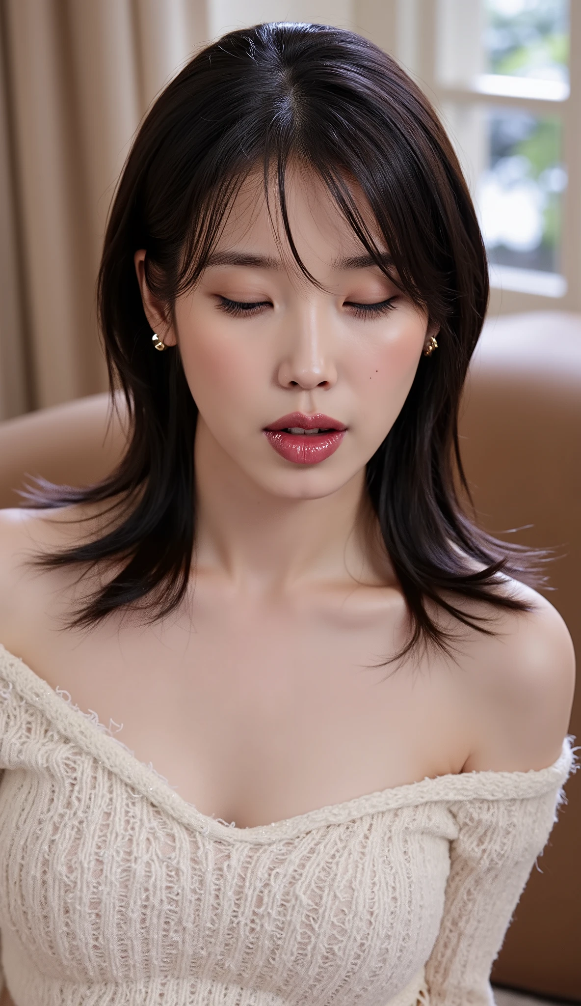 A picture of me sitting on the floor by the window and sticking out my tongue、(a lot of milk is spilling out of my mouth and dripping)、(Angle selfie from above)、(Being stroked on the head with someone's hand)、((One-sided medium hair with beautiful black waves on one ear))、perfect style、Gestures that accentuate breasts 、((An erotic expression with her eyes closed and her tongue sticking out))、 beautiful décolletage、Beautiful armpits、Breast、 beautiful white wet skin and hair, Light makeup、 Beautiful pale eyes , nudist lips、I'm wearing an off-white off-shoulder shaggy knit mini dress、fine details and small embellishments、 in white for summer very detailedな顔 , realistic skin and texture , Dramatic Lighting , White and glowing skin , , Cinematic Angle , ((The background is by the window of a stylish hotel bedroom with large windows that let in the dim sunset))、and the flashes of the sunset accentuate her hair and silhouette、Romantic and fantastic atmosphere、chiaroscuro lighting、 Warm shade palette , sensual vibe、masterpiece, anatomically correct, Ultra-fine, textured skin, accurate, has won many awards, High Details, high quality, in white for summer very detailed,