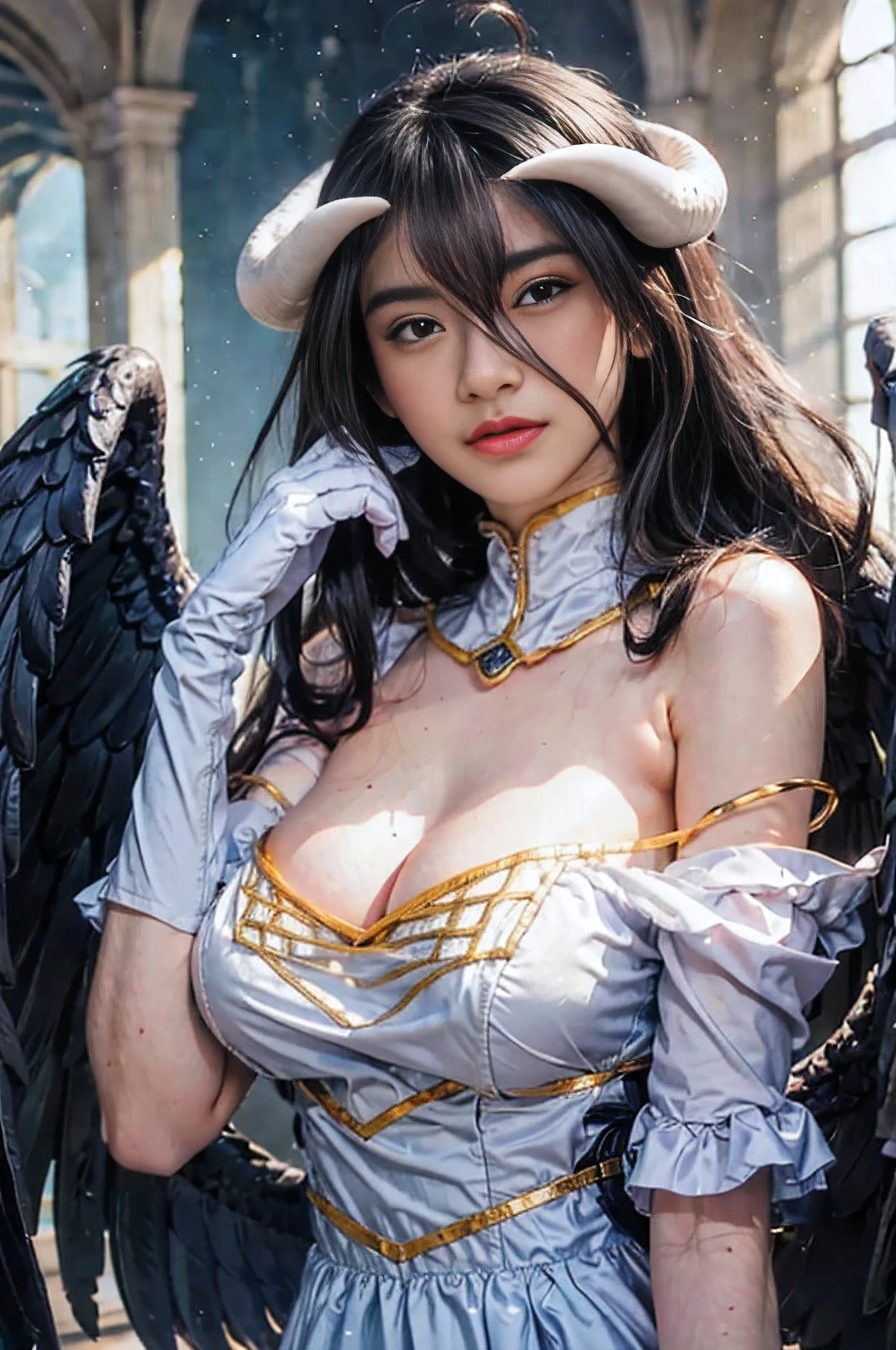 1girl, solo, al1, demon horns, white gloves, white dress, bare shoulders, detached collar, cleavage, slit pupils, black wings, feathered wings, low wings, beautiful background, big breast, (black wings:1.2), (feathered wings:1.2), full body, (realistic:1.2), (realism:1.2), (masterpiece:1.2), (best quality), (ultra detailed), (intricate), (85mm), light particles, lighting, (highly detailed:1.2), (detailed face:1.2), (gradients), sfw, colorful, (detailed eyes:1.2), (detailed background), (rule of third_composition:1.3), (Line of action:1.2), daylight.