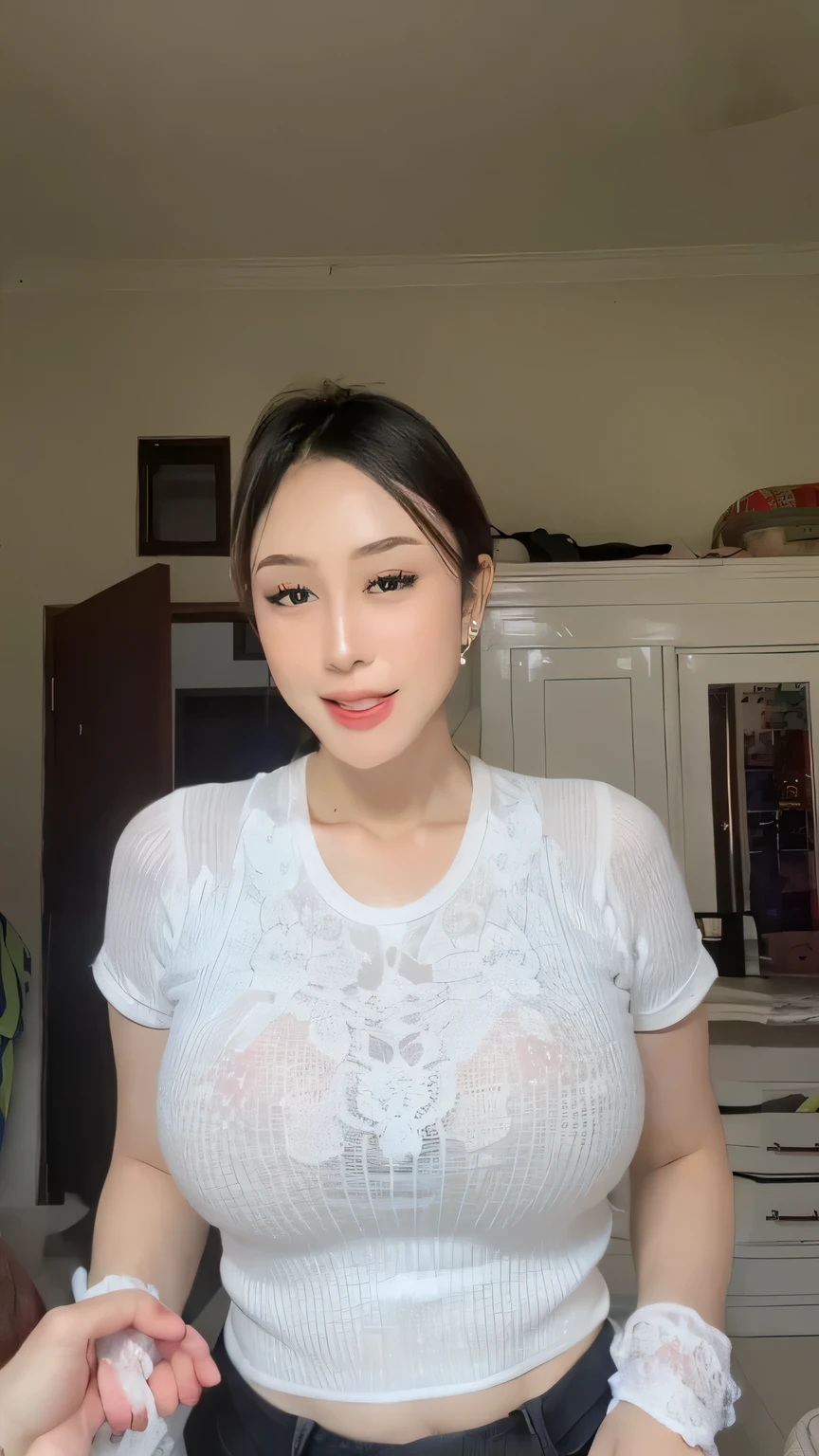 Female body, nsfw, gigantic breasts, plump, (nude, sexy), beautiful skin, ((topless, shirtless)), ((breasts out)), transparent, transparent clothes, transparent attire