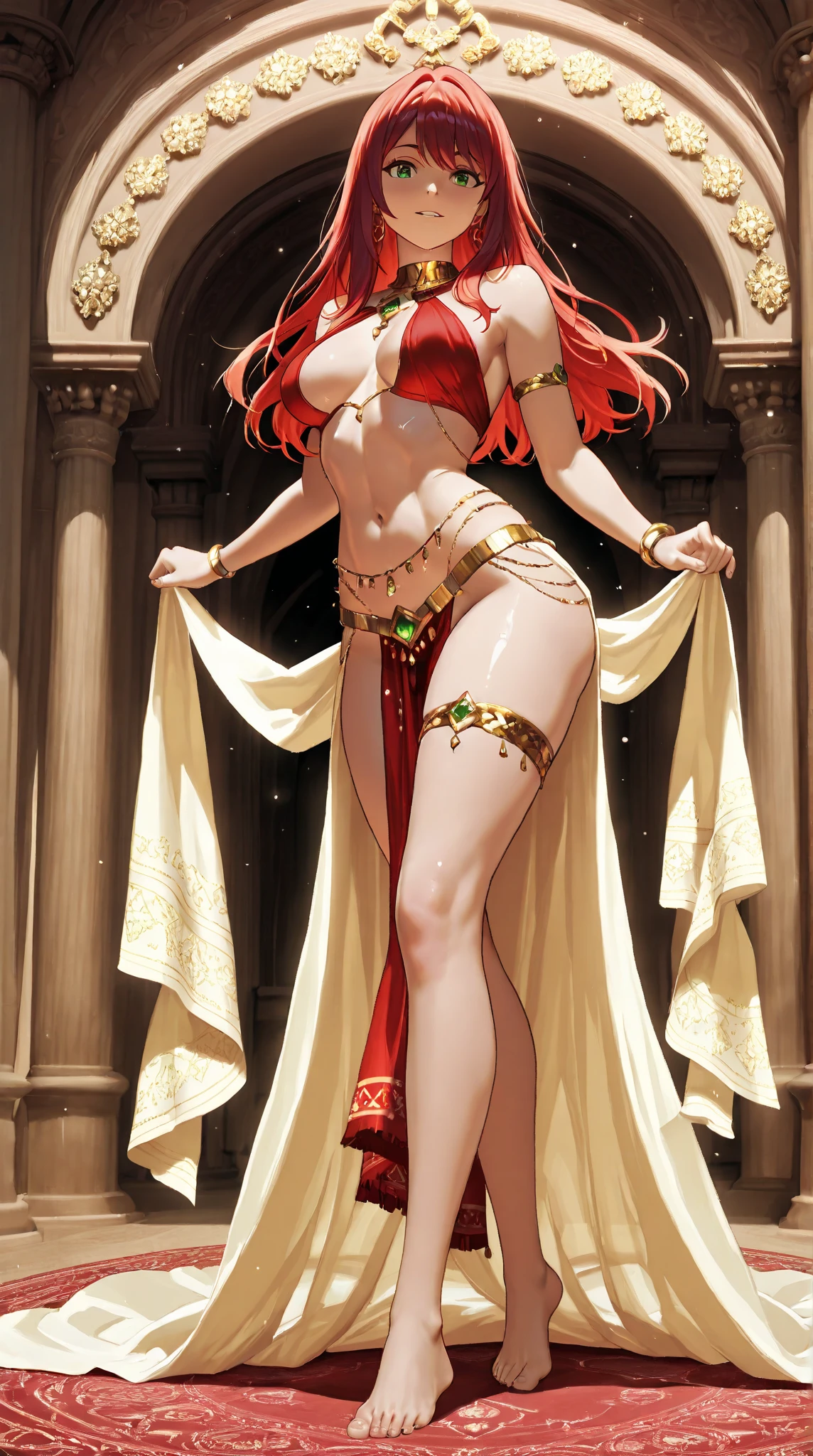 Anime Art、Full body portrait、Dancer in the fantasy world、A tall woman, about 175cm tall and about 34 years old, wearing a red bikini swimsuit and a slit skirt, dancing outdoors at night、Red eyeshadow、A strong smile、Her hair is wavy and semi-long、Red hair、Slit eyes、Blue Eyeilitary cap、Gold earrings、Gold Necklace、Gold Circlet、Gold Bracelet、Gold Anklet、barefoot、Flat chest、Red arm covers