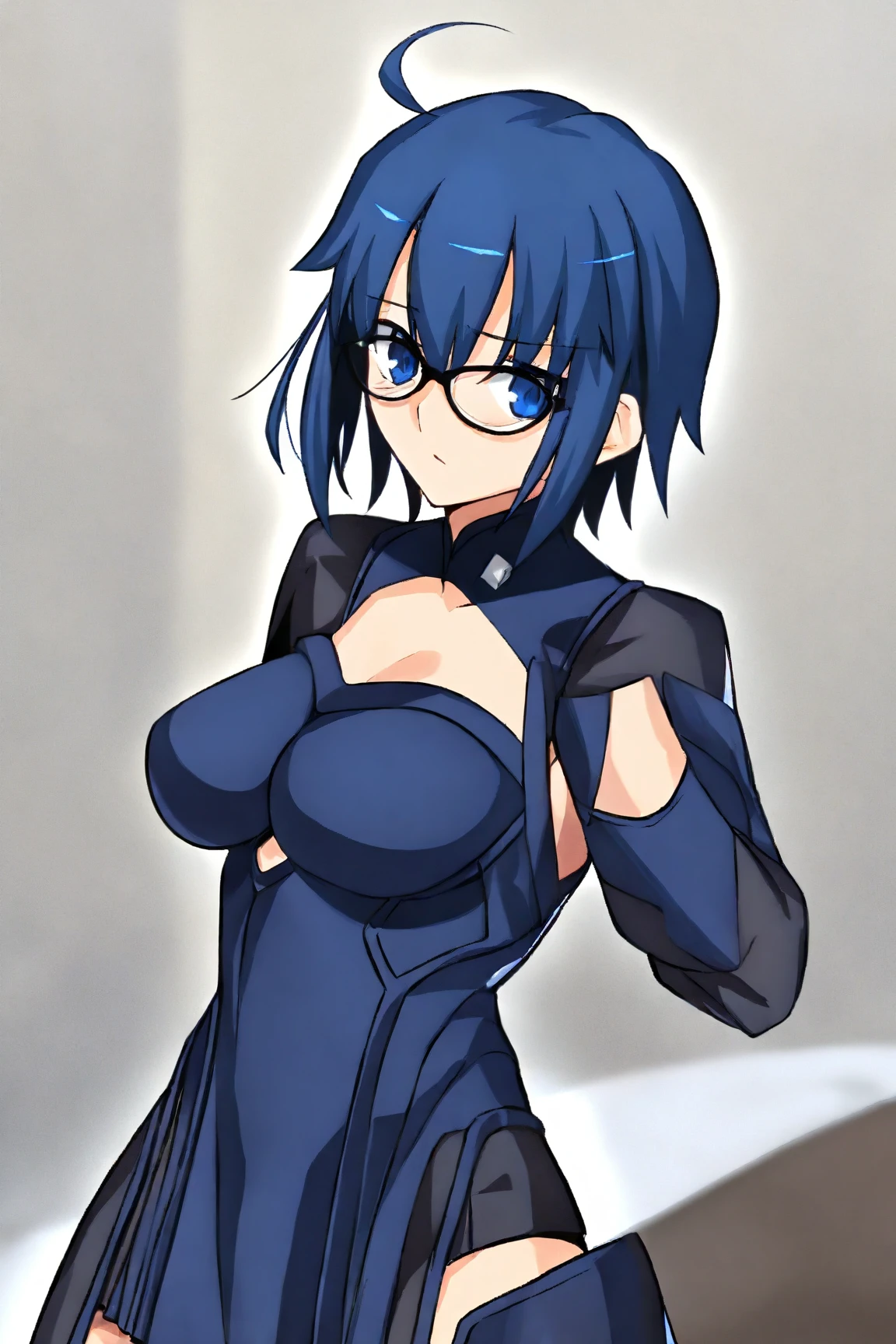 1 Cute naughty Assassin girl, Pastel colors hair, small breasts, (Thighs, fishnet pantyhose, ninja costume, Shinobi costume), short hair, (dark blue hair:1.2), (naked:1.3), (forehead:1.2, bangs pinned back, asymmetrical bangs, hairclip, side ponytail:1,2), standard height, (Serious, Large eyes, yuruyuri), at the adventurer's guild, A bulletin board with posted paper