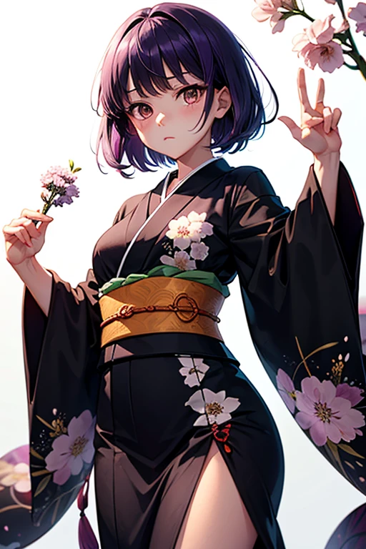 Anime, cute girl, short hair, bangs, purple hair, blank expression, brown eyes, black kimono with white flowers in the kimino print, demon slayer, anime