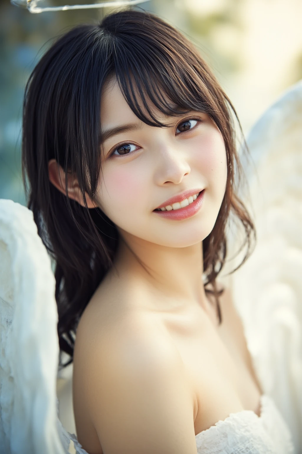 Mikasa,19 year old young woman,as angel , Best quality, High resolution, Short hair, Black eyes, look at the viewer,angel wings, beauty, naked until the nipples are visible, with butterfly's, Highest quality , high resolution