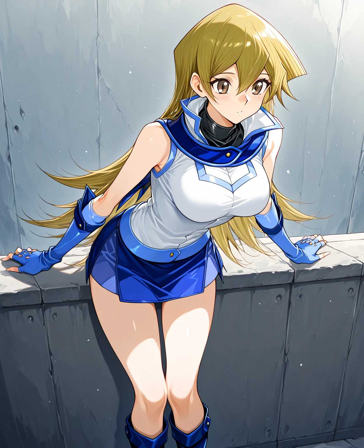 Anime character with blonde hair and blue eyes wearing a white top, asuka suit under clothes!, tracer in a skintight dress, gym, wearing leotard, full body zenkai! asuka suit, tight outfit, cute sportswear, Delicate physique, Anime Barbie in black stockings, Loose Socks、espadrilles、A character in a pose sitting on the ground holding his knees