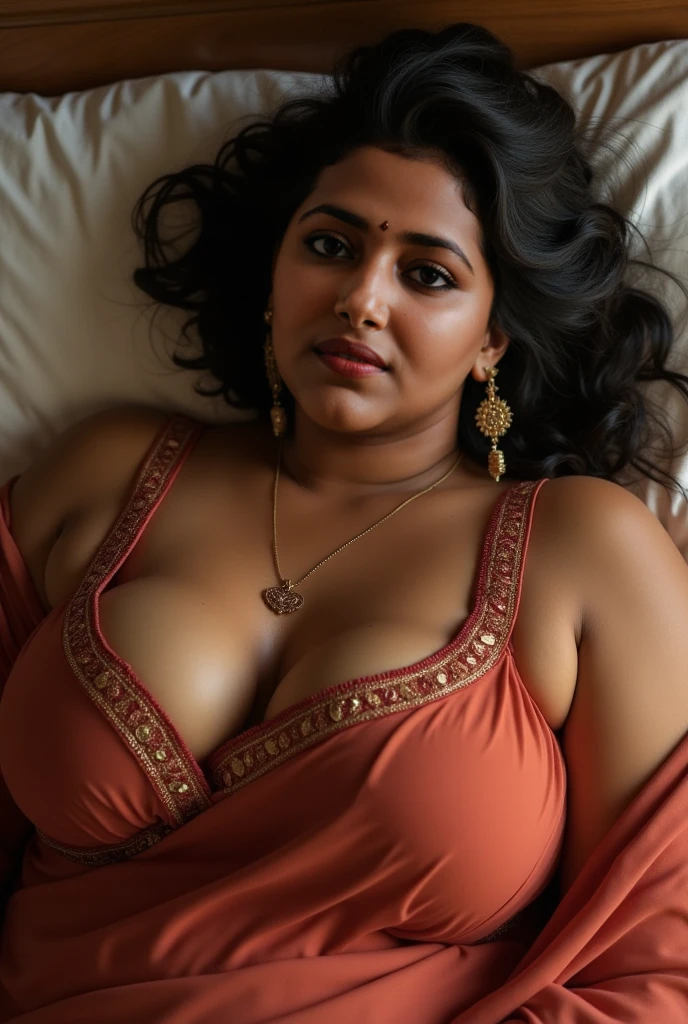 A boy putting his hand inside the blouse of a beautiful curvy Indian girl with big breast while sleeping. The girl is sleeping, ((the boy is secretly putting his hand inside the girl's bra))