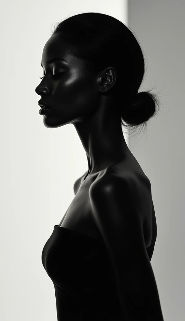a slender and skinny african woman in her 30s, sensual fine art nude, monochrome, dramatic lighting, high contrast, minimalistic background, elegant pose, chiaroscuro, Helmut Newton style, sophisticated, alluring, dramatic, powerful, cinematic, fashion photography