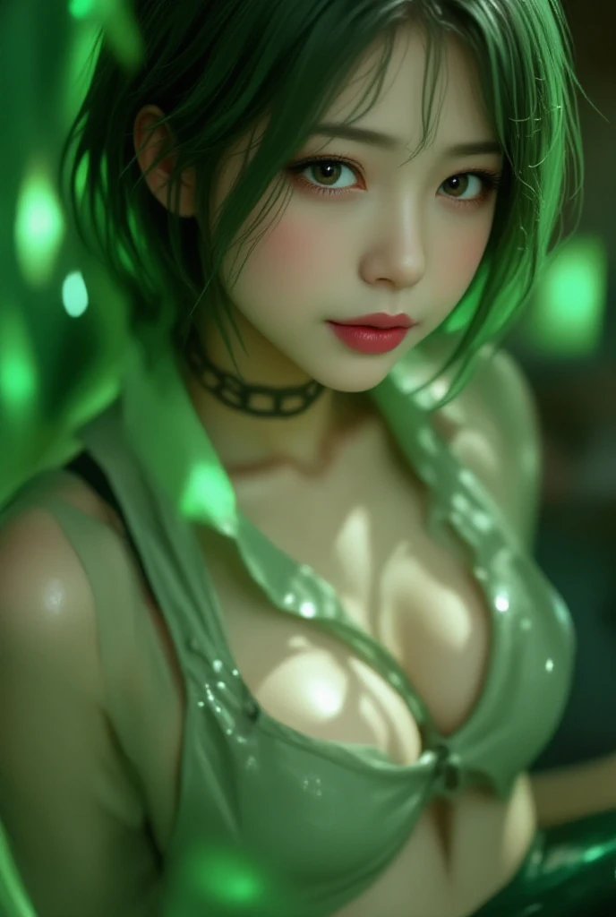 (best quality, ultra-detailed, photorealistic: 1.39), bright and vibrant colors, studio lighting, romantic expression, Just a girl on fire, green eyes