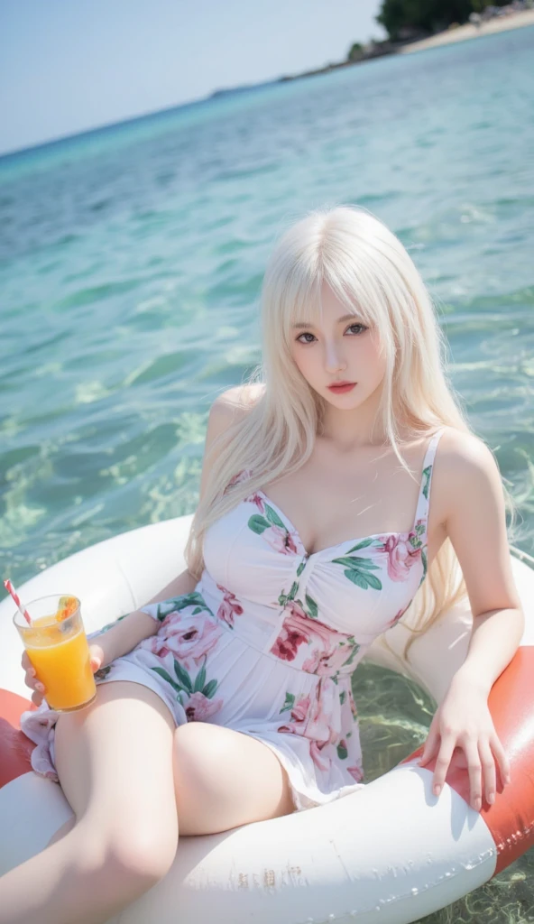 masterpiece、top-quality、ultra-detailliert、illustratio、write、frontage、Face Focus、女の子 1 人、white hair、Golden Eyes、length hair、Bewitching look、Gaze towards the viewer、Sexy swimming costume、Open legs、sitting on、