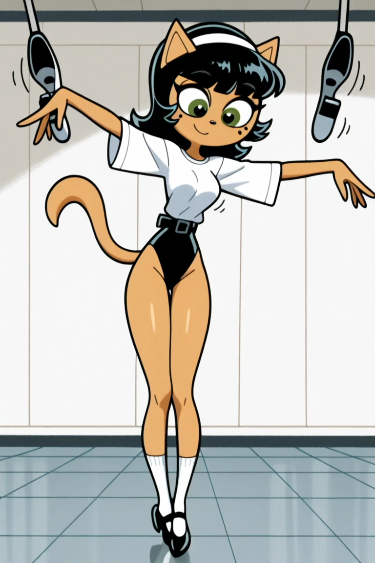 Anne Boonchuy, ((1girl)), ((age ten)), ((((short)))), (short torso), dancing, bosque, ((score_9)), looking at viewer, smiling, correct anatomy, Chibi, spread pussy, anus, Ahegao, masturbating, cat cosplay