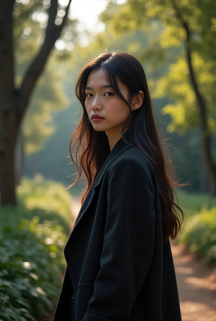 Beautiful woman from china wearing a black dress standing in the forest