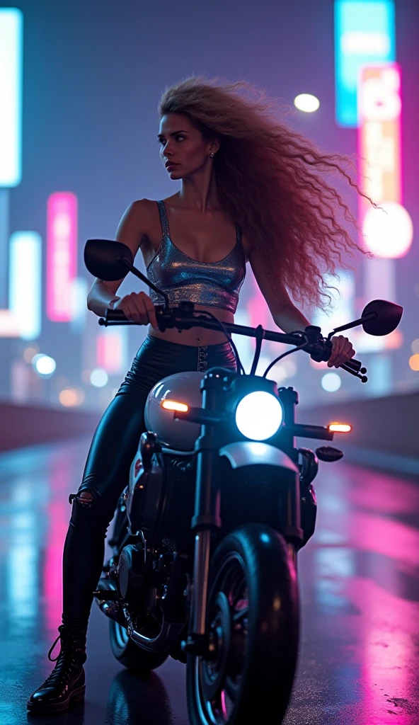 (photorealism:1.2), Una sexy curly brown hair mujer, with pink leggings, Ride a Tron light cycle
